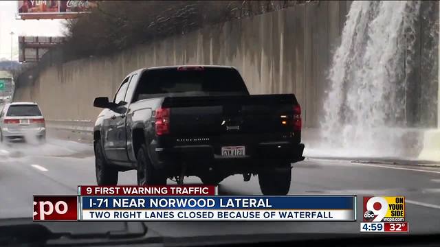 Waterfall spills onto Interstate 71 near Oakley Station