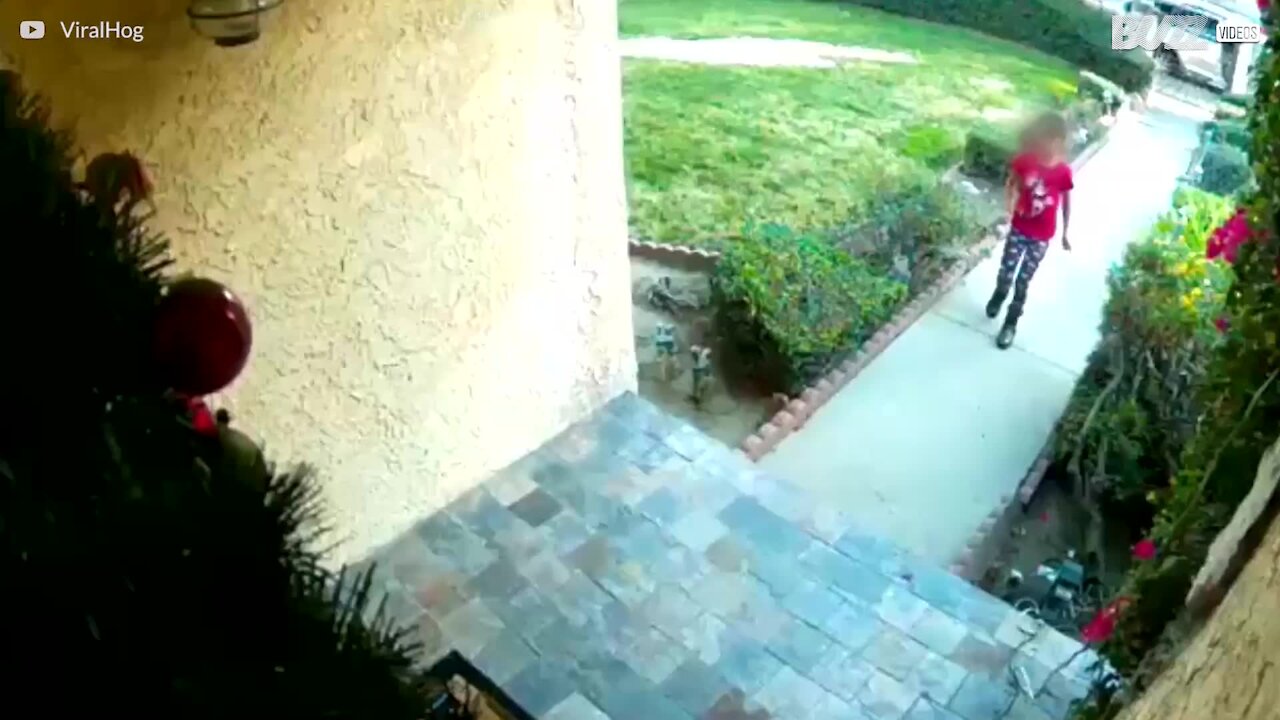 Kiinni jäit! Pikkutyttö varastaa lahjan jonkun toisen kuistilta