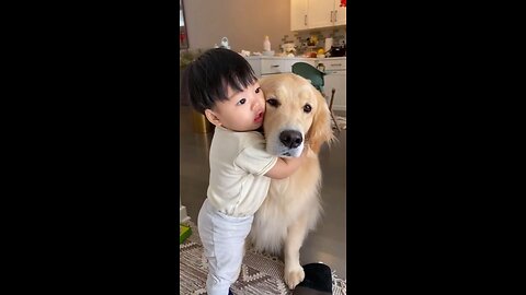Cute baby and dog