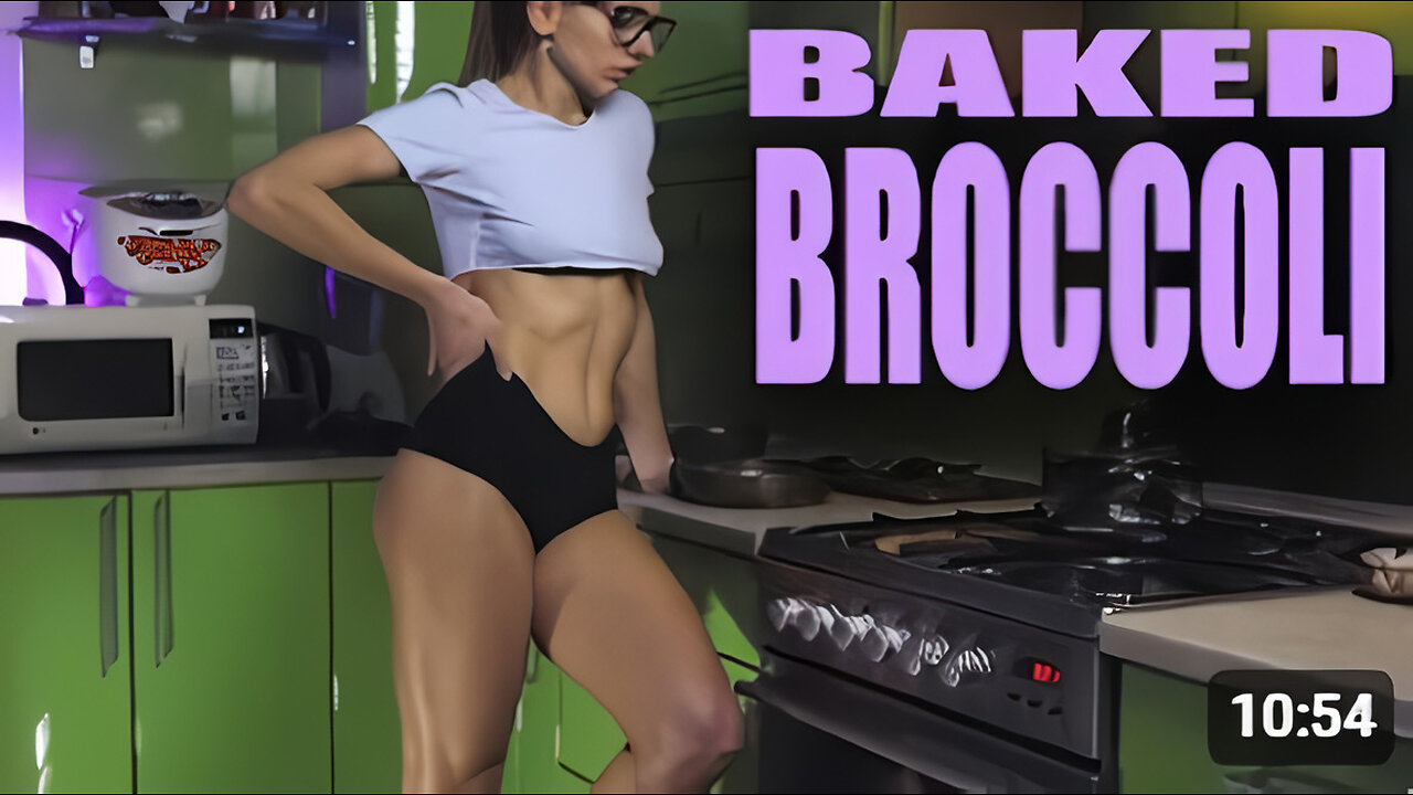 Girl cooking baked broccoli | no bra cooking