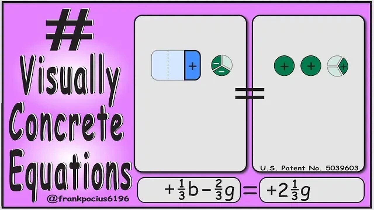 VISUAL EQUATION _ +1/3 b -2/3 g = +2 1/3 g _ SOLVING BASIC EQUATIONS _ SOLVING BASIC WORD PROBLEMS