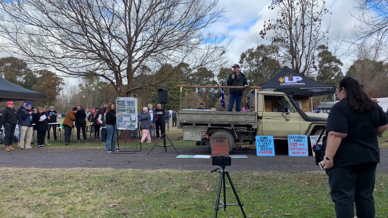 Wade speaking at the Great Forest National Park Rally at Mansfield, Victoria, Australia - 13/7/2024.