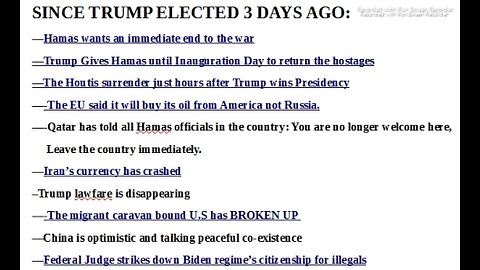 3 DAYS SINCE TRUMP ELECTED>LOOK WHAT'S HAPPENED - REMEMBER JIMMY CARTER IRAN HOSTAGES RELEASED 30 MINS AFTER REAGAN SWORN IN - CARTER 100 YRS OLD JUST VOTED FOR HARRIS - 5 mins. VIDEO TIME TO READ.