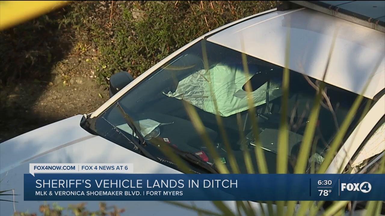 Patrol car lands in ditch