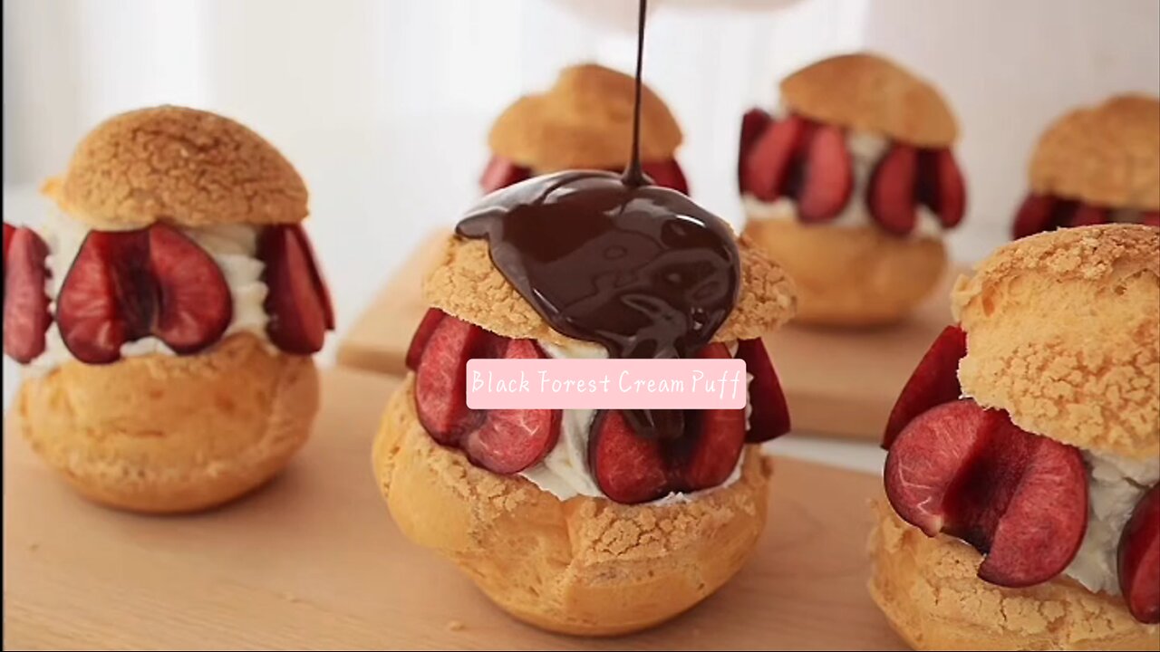 Homemade Black Forest cherry cream puffs