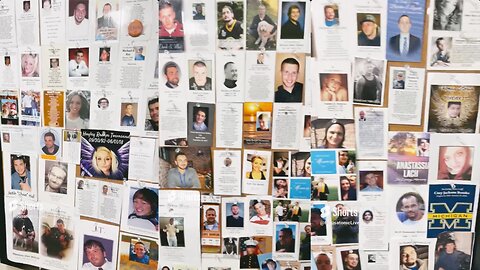 The opioid epidemic (remembrance cards on a pinboard, Team Sharing) [Jul 2 2024 video short]