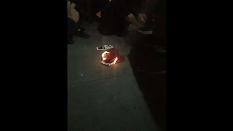 Feb 2 2017 NYU Gavins speech 2.1.1 Antifa chanting while they burn stolen MAGA hat, police put out fire