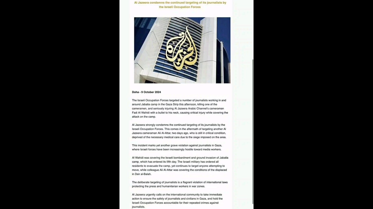Statement by Al Jazeera condemning Israel’s intentional targeting of Journalists.