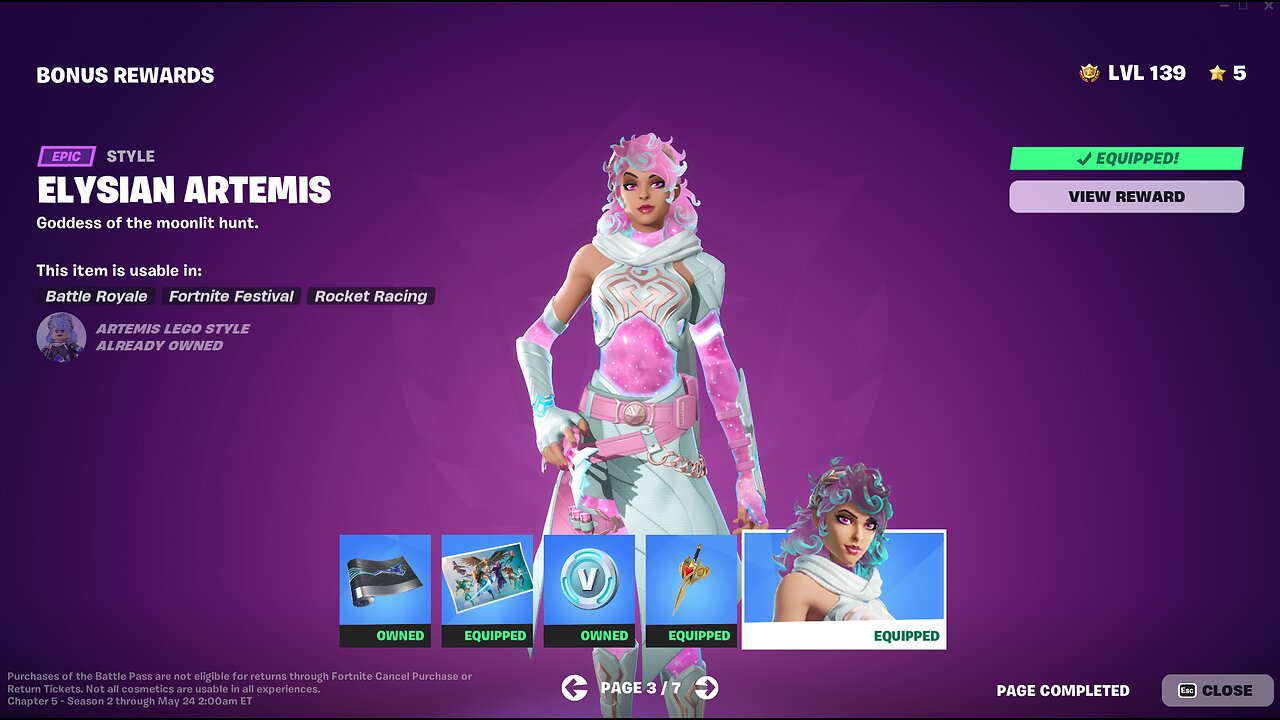 Fortnite | Battle Pass Bonus Rewards | Page 3 | Elysian Artemis | Outfit Unlock | View Styles | C5S2