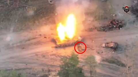 A Russian T-72B3 tank exploded when it was hit by Ukrainian artillery and an FPV drone