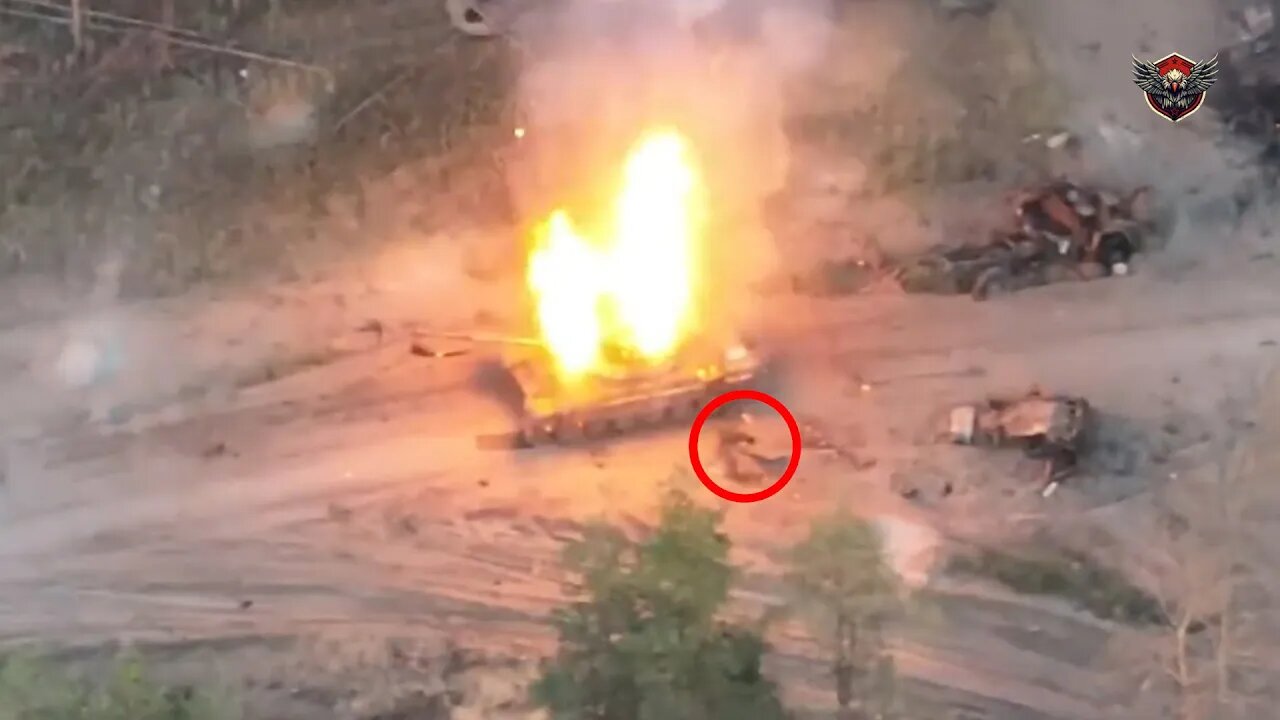 A Russian T-72B3 tank exploded when it was hit by Ukrainian artillery and an FPV drone