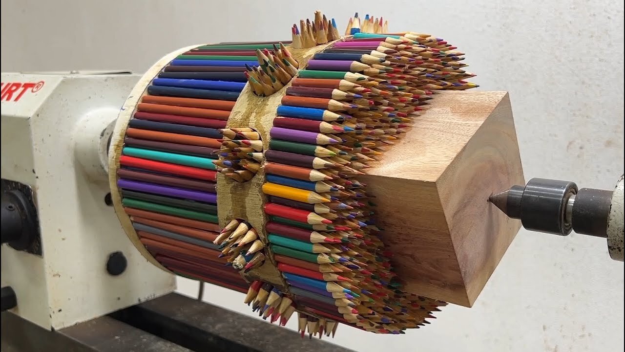 Amazing Woodturning Crazy - A Perfectly Blended Design Of Wood And Colored Pencil On Lathe.