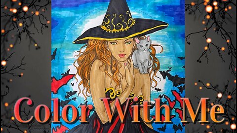 Eerie Night Moon Witch and her cat Coloring Page