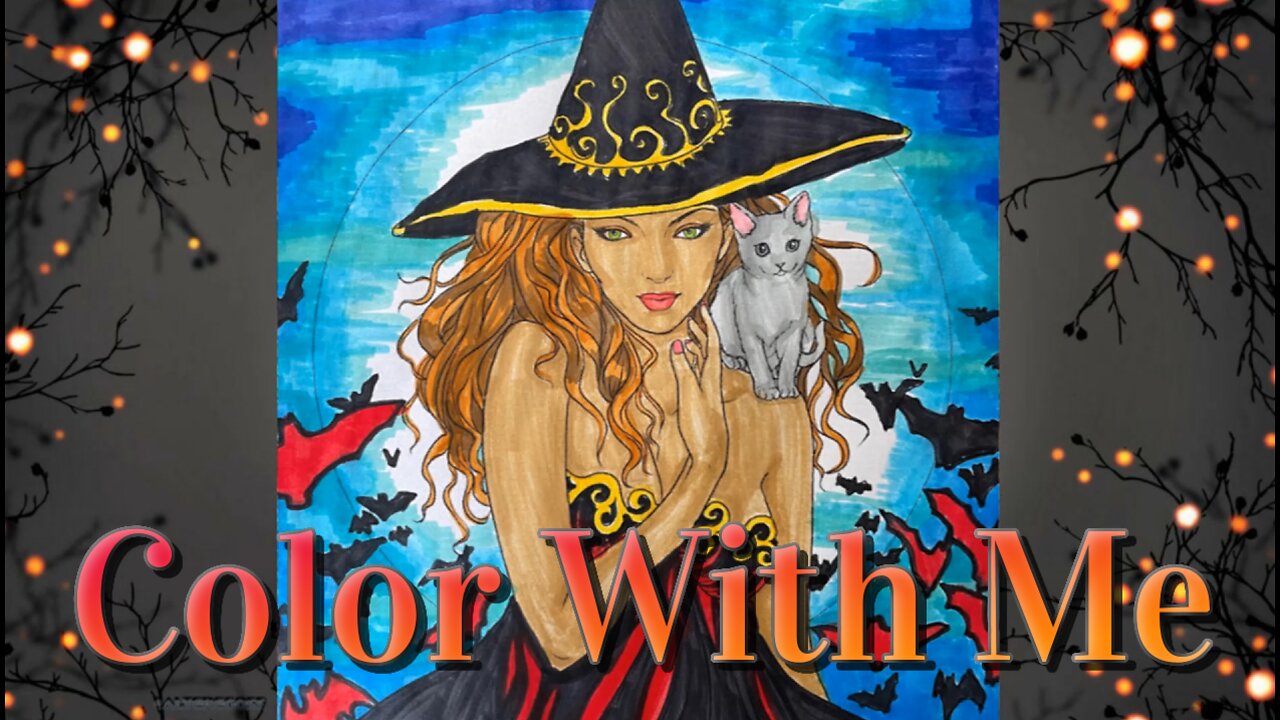 Eerie Night Moon Witch and her cat Coloring Page