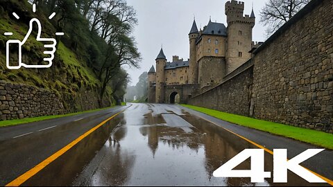 The dream castle sleeps peacefully, and the rain paints a picture on the road