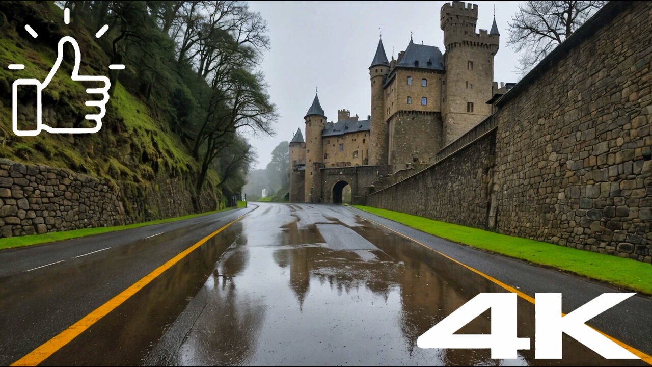 The dream castle sleeps peacefully, and the rain paints a picture on the road