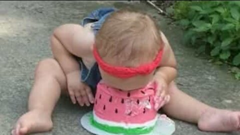 Little girl buries her face in birthday cake