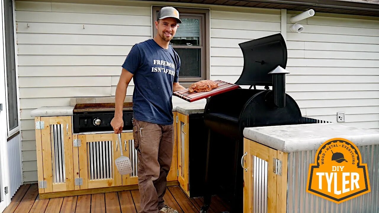 Dream Outdoor Kitchen - Pour in Place Concrete Counters, Propane Griddle, Pellet Smoker and Storage!