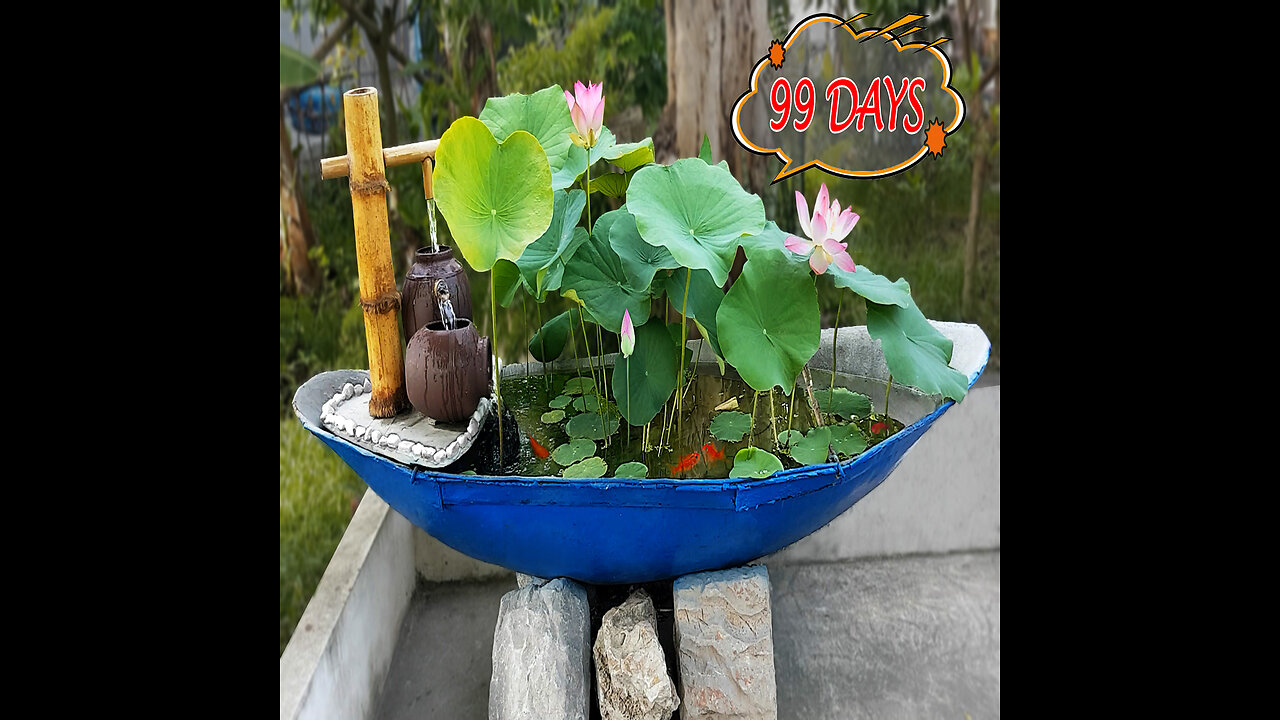 Recycle the broken boat into a waterfall aquarium and plant beautiful lotus