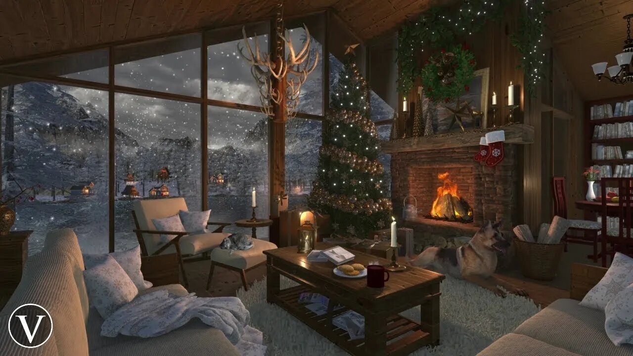 Cozy Christmas Cabin | Winter Daytime Ambience | Log Fireplace, Snowstorm & Blizzard Sounds