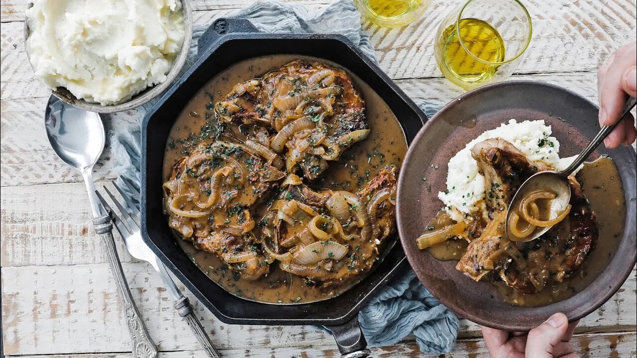 Smothered Pork Chops Recipe + Homemade Gravy and Caramelized Onions