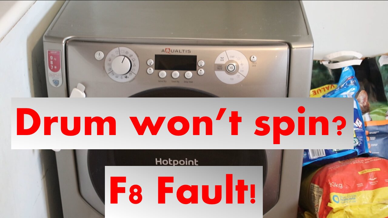 Diagnosis and service for a Hotpoint Aqualtis AQC9BF7E1 Tumble Dryer. F8 Fault, drum not spinning