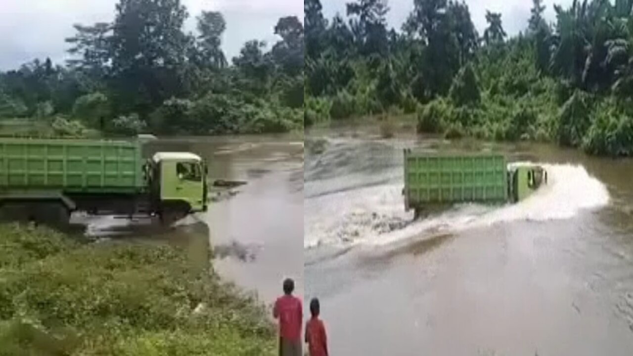 Take a look at how this truck crosses a river with a heavy load