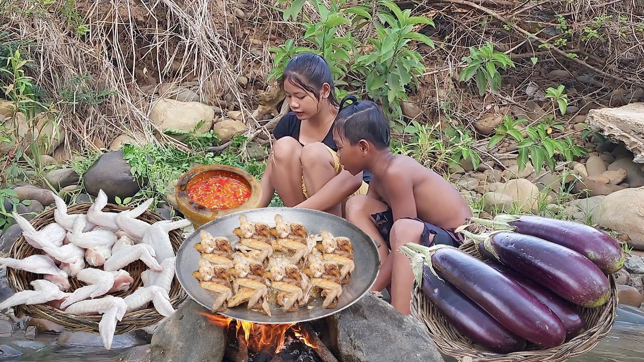 Chicken wings Chili sauce cooking with Eggplant for dinner - Survival cooking in forest