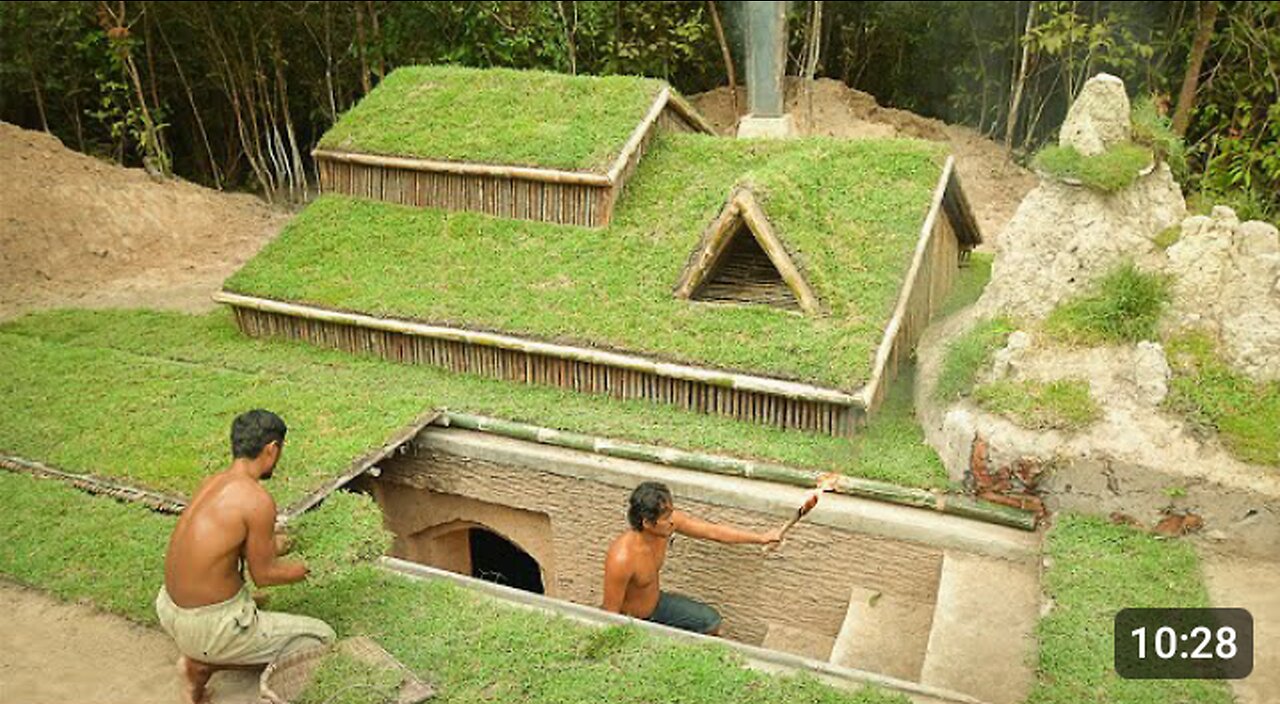 Building underground hut with grass roof fireplace with clay😍😯