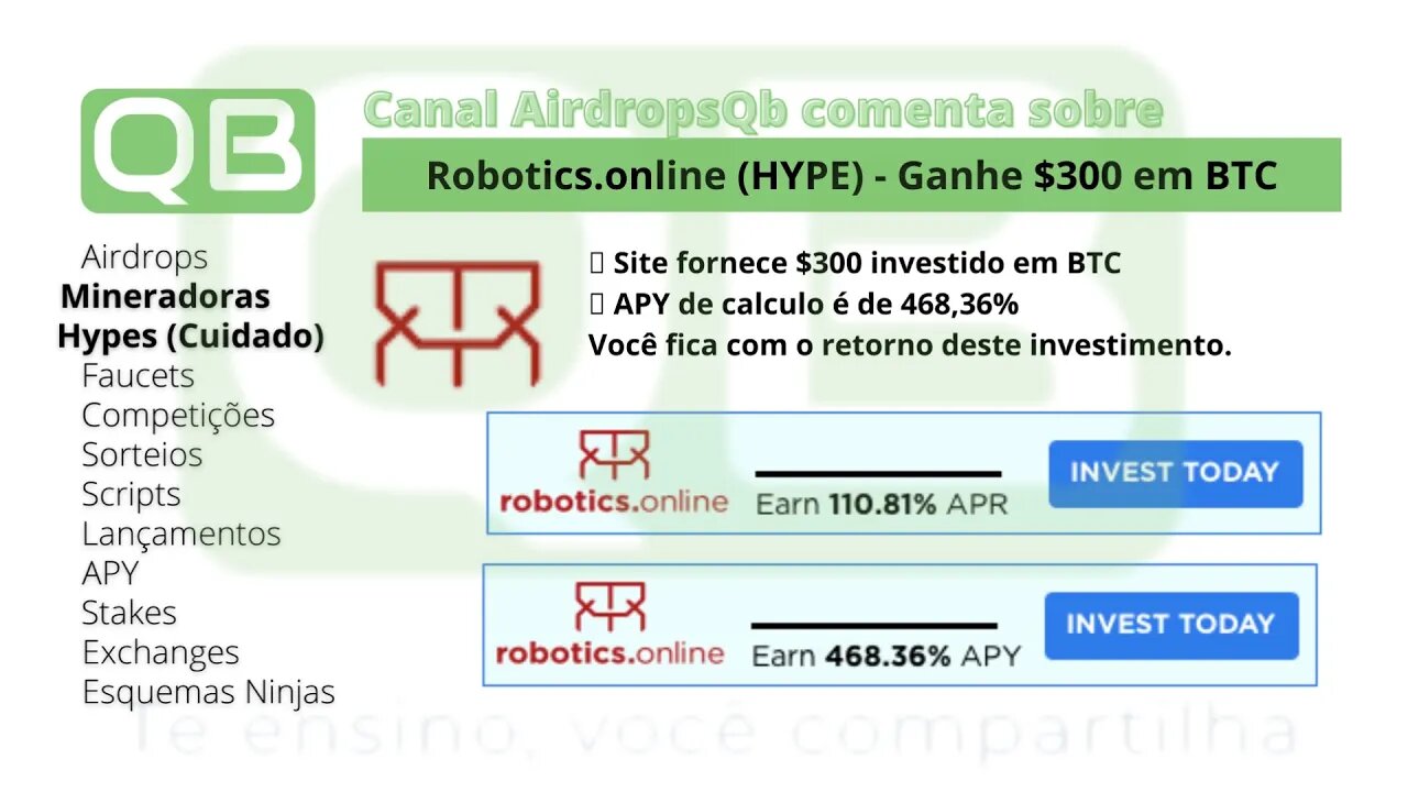 Hype - Investimento - Robotics.Online - Ganhe $300 de investimento - 110,81% de APR