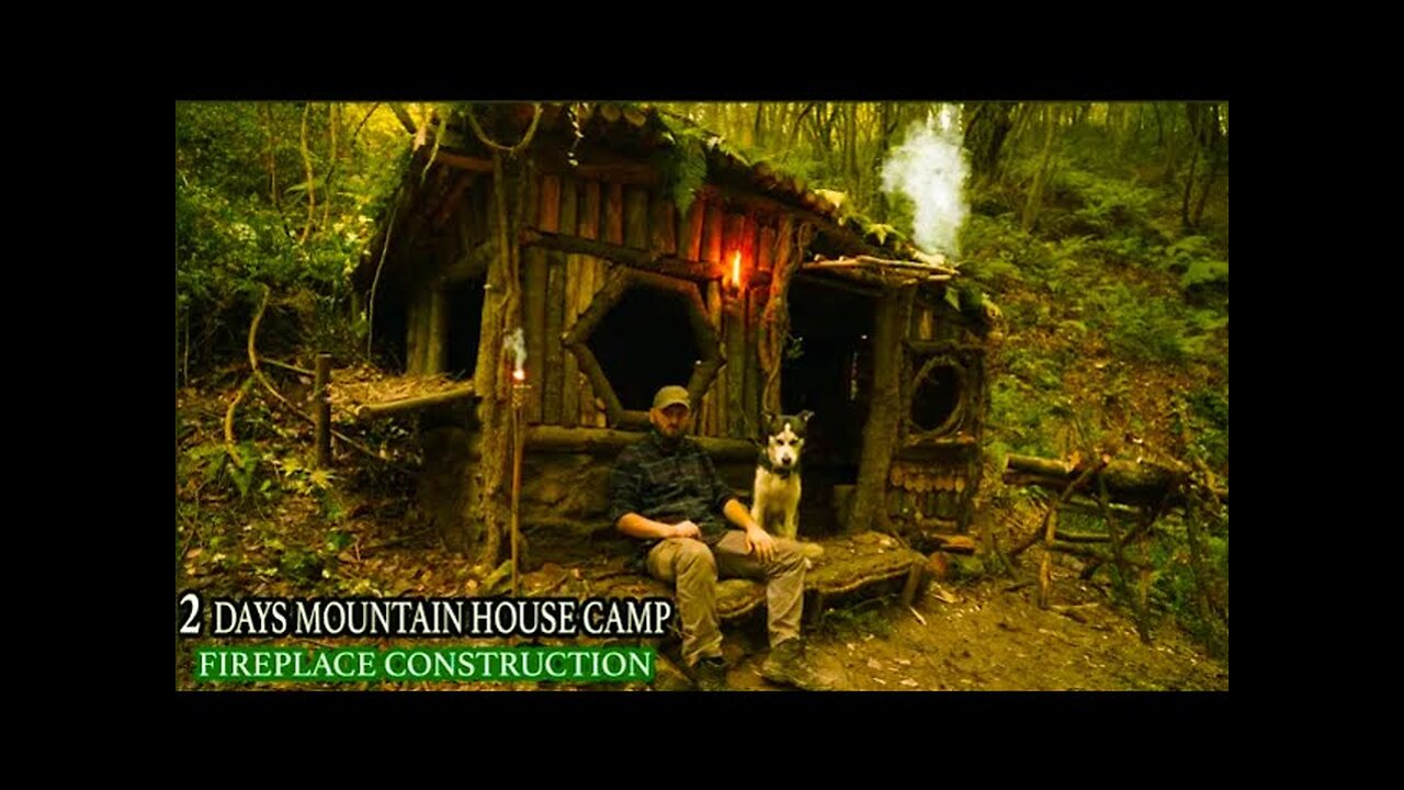 FOREST HOUSE CONSTRUCTION 2 DAYS. Sleeping by the fireplace - Bushcraft ASMR