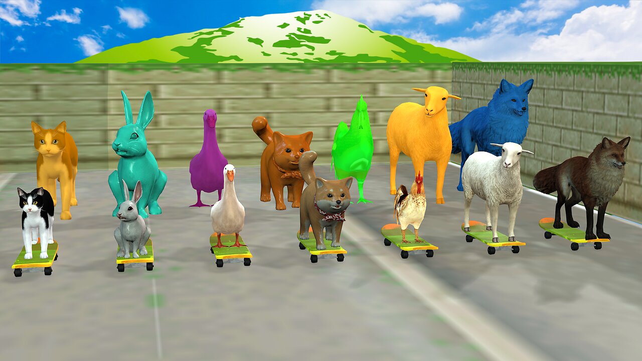 Paint Animals Skate Races Fountain Crossing With Cat, Dog, Rabbit, Goose, Sheep, Fox, Chicken