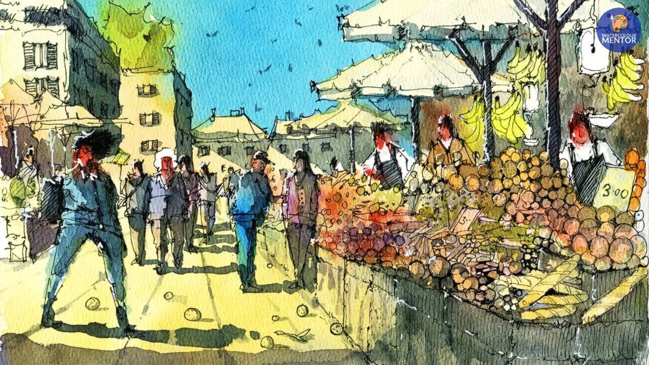 Live #10 - Line and Wash Watercolour Workshop - Marketplace Scene