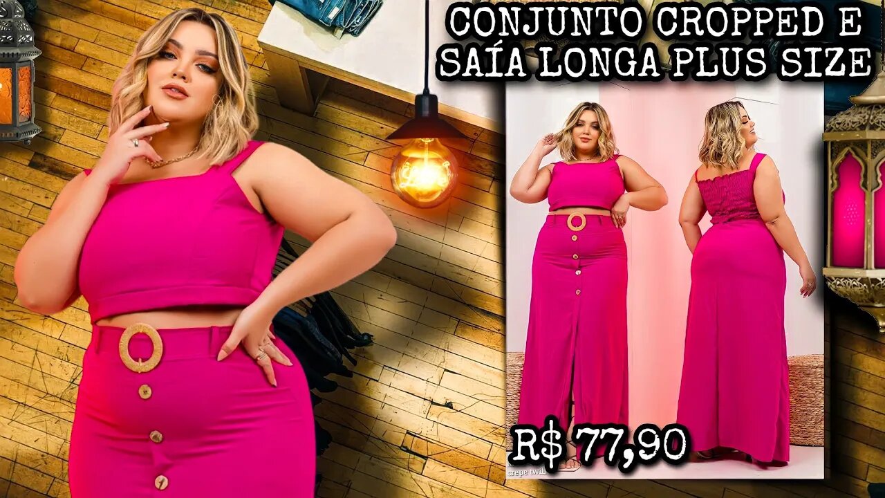 🛑 CONJUNTO SAÍA LONGA CROPPED COM LASTEX FEMININO PLUS SIZE
