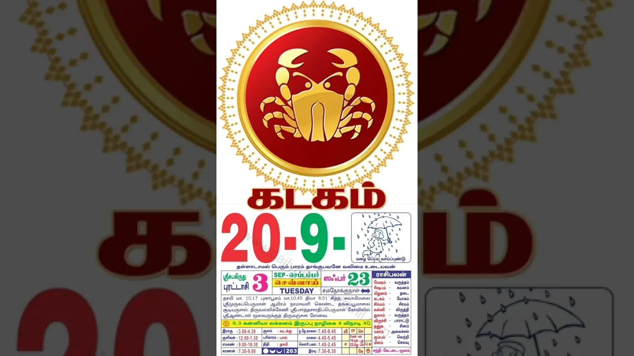 கடகம் || இன்றைய ராசிபலன் || 20|09|2022 செவ்வாய்க்கிழமை