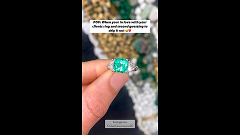 Top Cushion shape emerald and diamond trillion three stone 18K white statement engagement ring