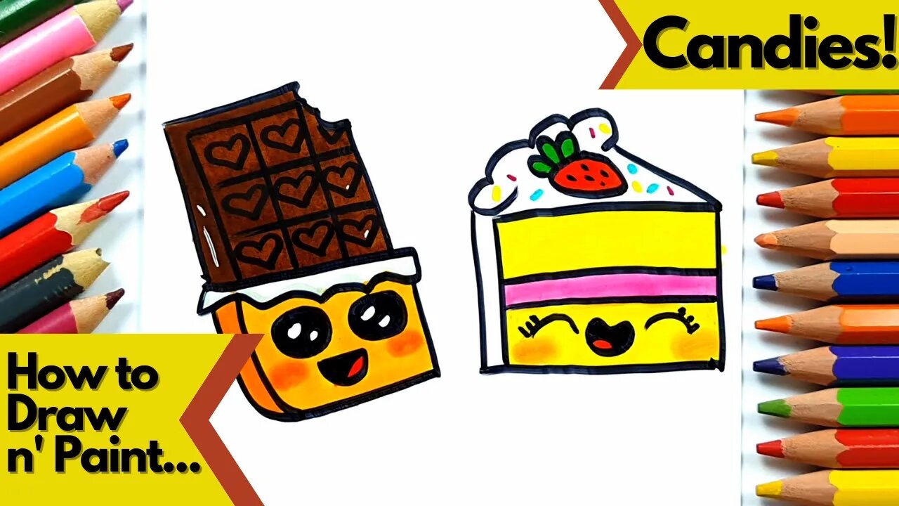 How to Draw and Paint a Kawaii Chocolate Bar and a Slice of Cake