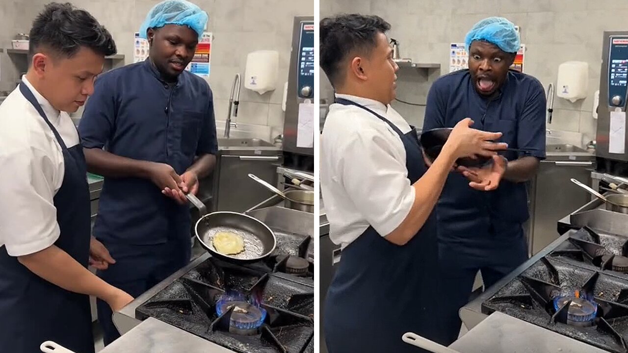 Amateurish chef spectacularly fails to flip scrambled eggs