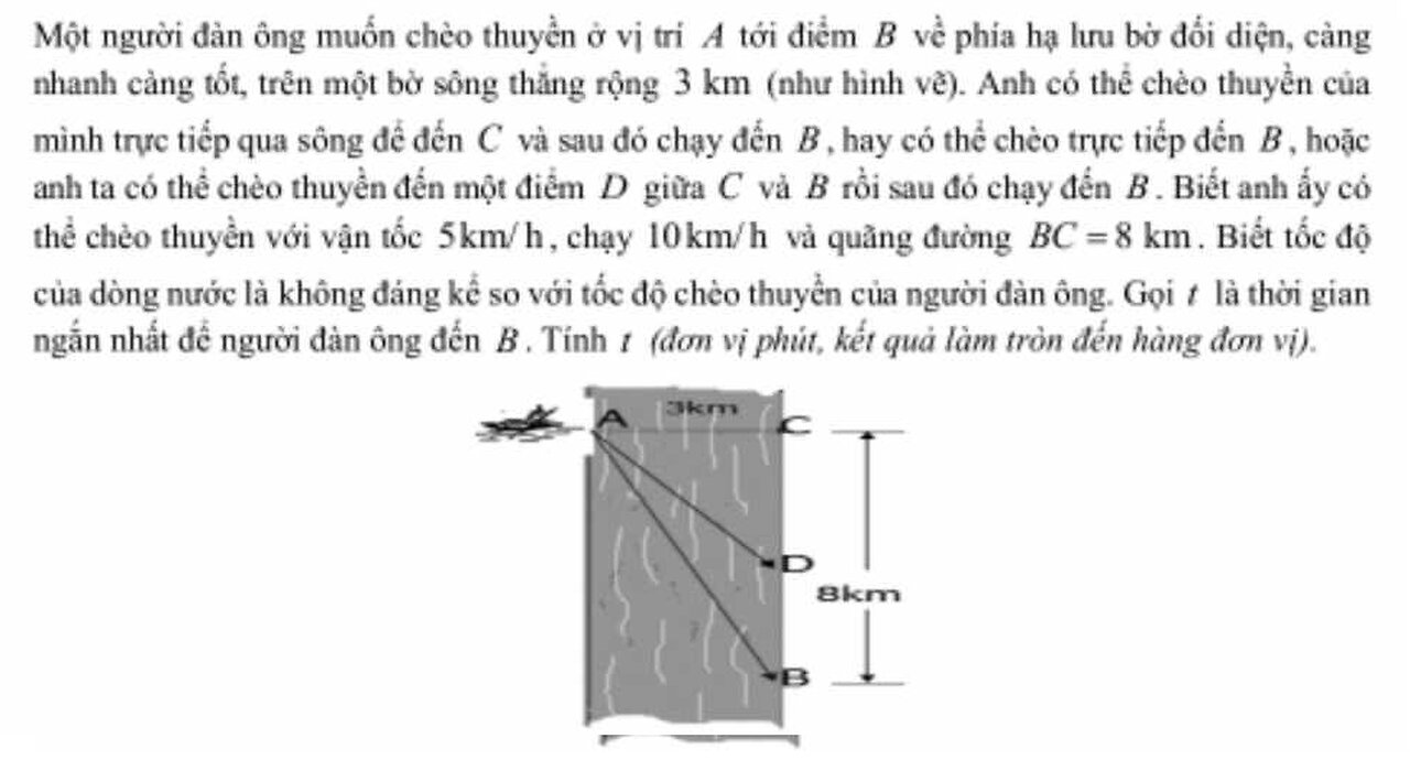 Một người đàn ông muốn chèo thuyền ở vị trí. A tới điểm B về phía hạ lưu bờ đối diện