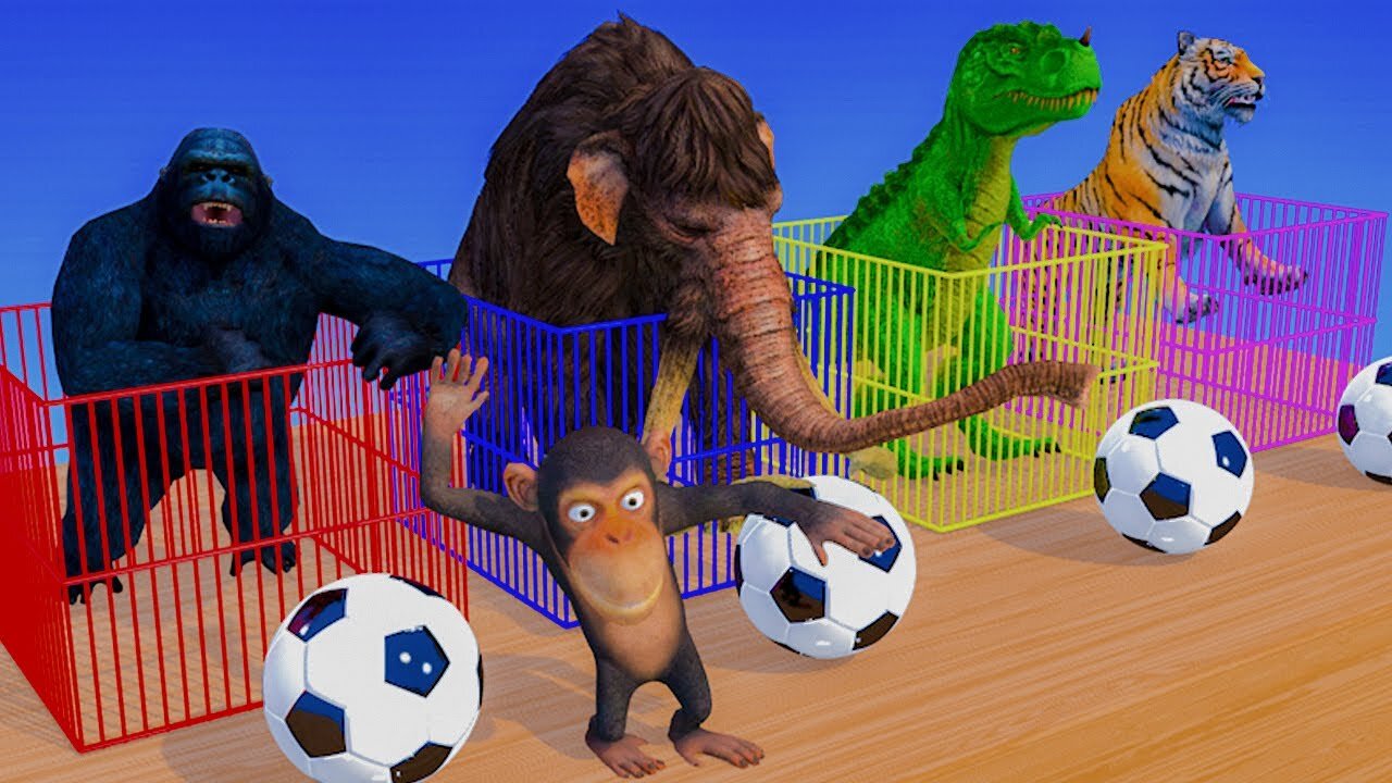 Mammoth Elephant Gorilla Dinosaur Monkey Tiger the game who will kick the ball into the goal