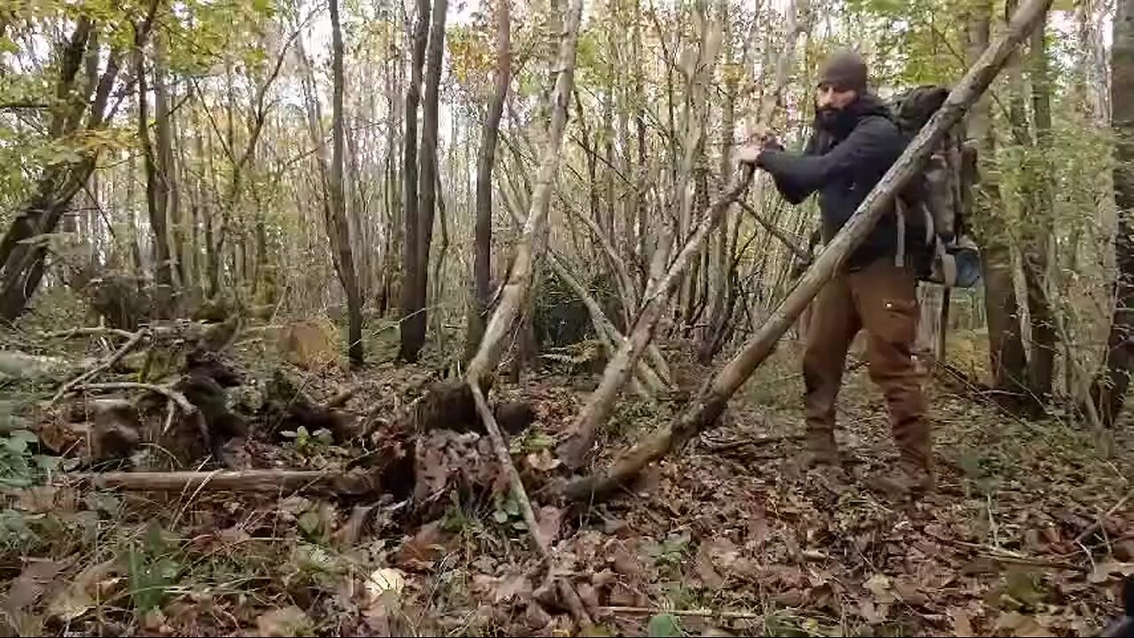 3 Days Camp: Fireplace, Primitive Shelter Build with Hand Tools, Wild Camping, Survival