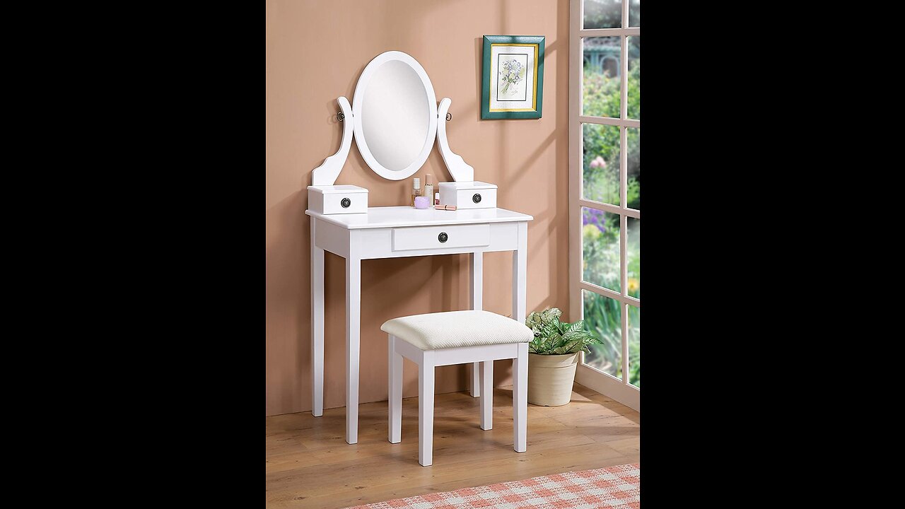 Roundhill Furniture Moniya White Wood Vanity Table and Stool Set (3415WH)