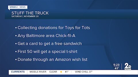 Baltimore-area Chick-fil-A restaurants holding Stuff the Truck November 20 for Toys for Tots