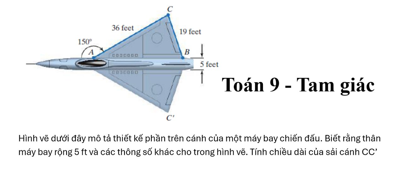 Toán 9: Hình vẽ dưới đây mô tả thiết kế phần trên cánh của một máy bay chiến đấu. Biết rằng thân