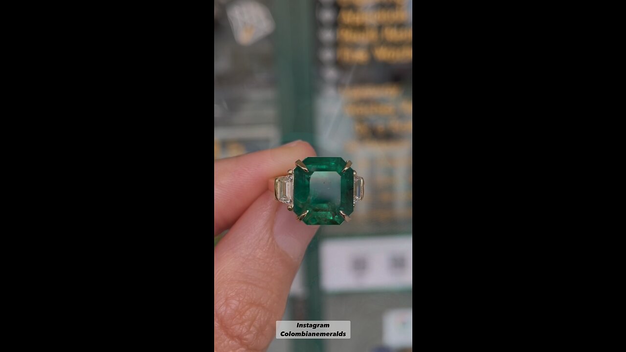 Triple A+ Dark Forest Green emerald cut Colombian emerald & trapezoid diamond 3 stone ring