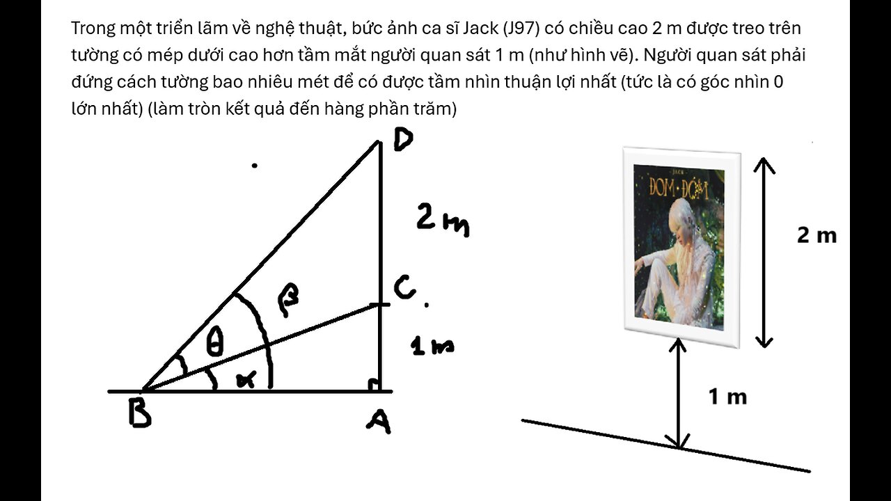 Toán 12: Trong một triển lãm về nghệ thuật, bức ảnh ca sĩ Jack (J97) có chiều cao 2 m được treo