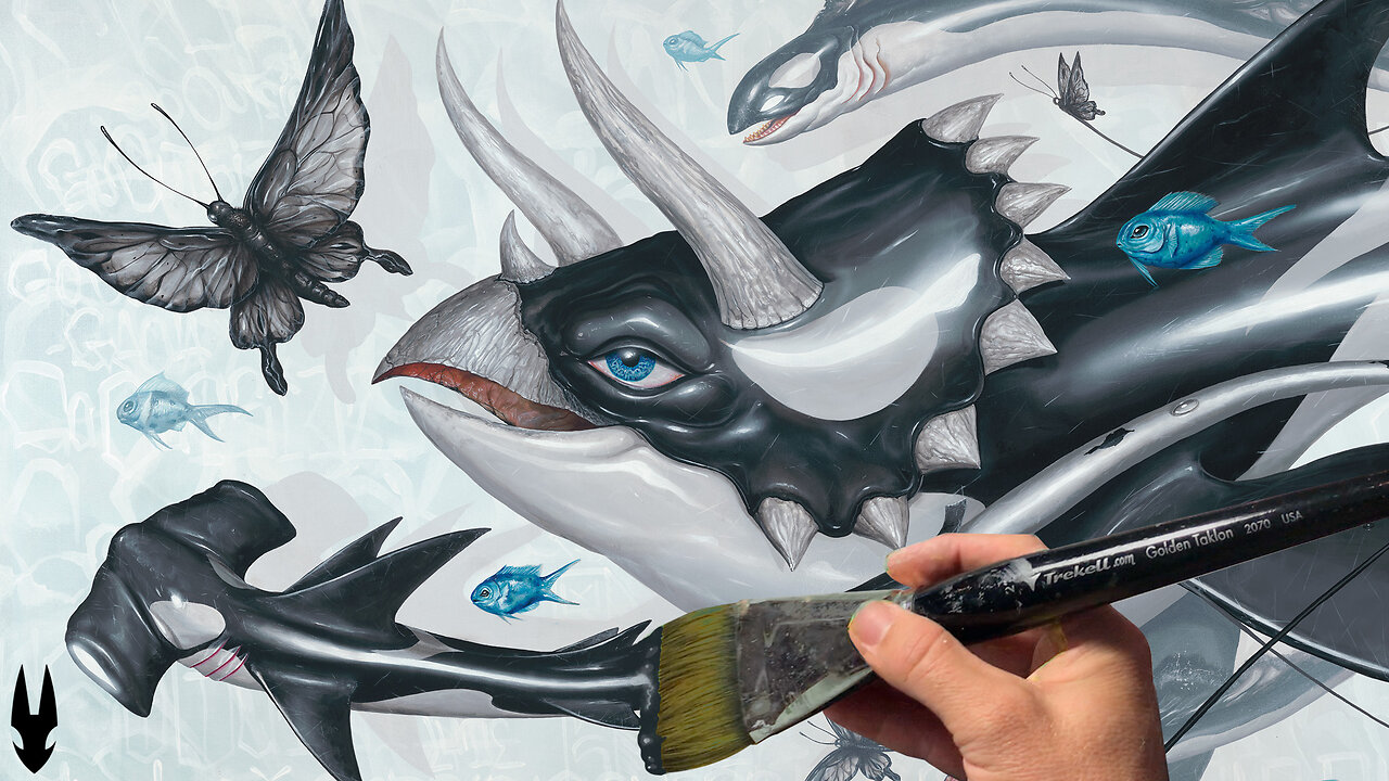 Orcas, Dinosaurs, ​and fish and Butterflies collide in my acrylic painting “Orceratops”