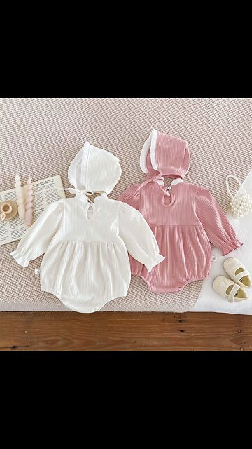 Autumn Baby Romper with Hat Big Bow Standing Collar Long Sleeve Infant Girl Bodysuit