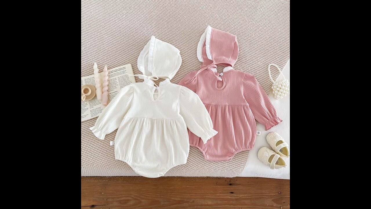 Autumn Baby Romper with Hat Big Bow Standing Collar Long Sleeve Infant Girl Bodysuit