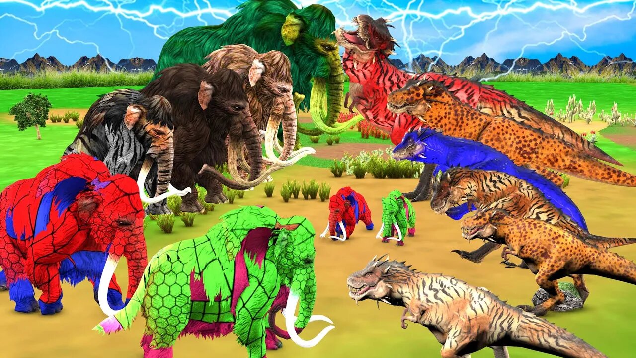 5 Zombie Dinosaurs vs 10 Zombie Mammoths Fight on Forest To save Baby spiderman Mammoth